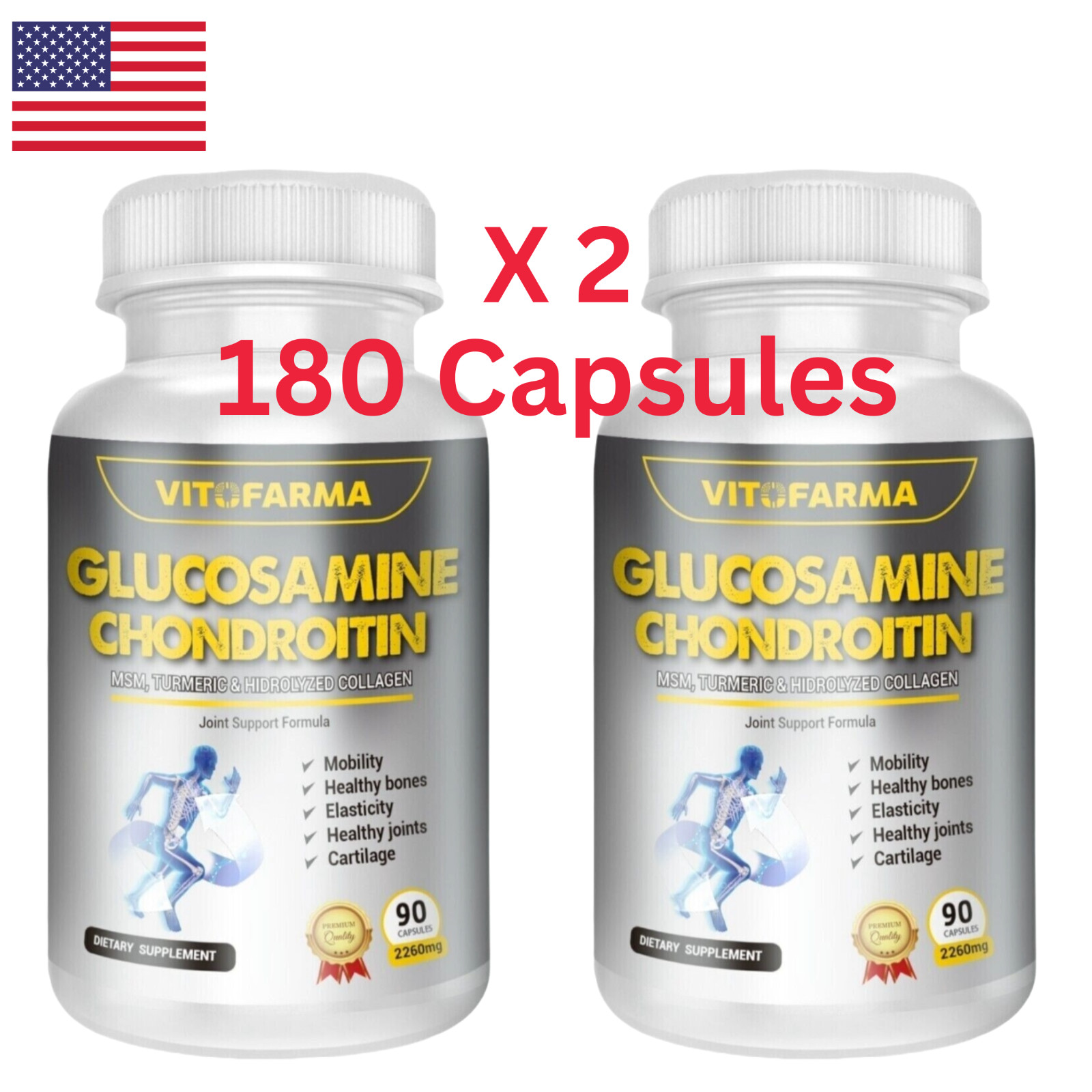 2 X GLUCOSAMINE CHONDROITIN TURMERIC JOINT SUPPORT 2260MG TRIPLE STRENGTH Ct180