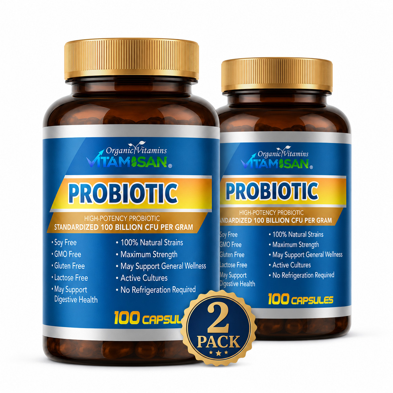 Probiotic 100 Billion CFU 2 Bottles Natural Strains Digestive Health Support