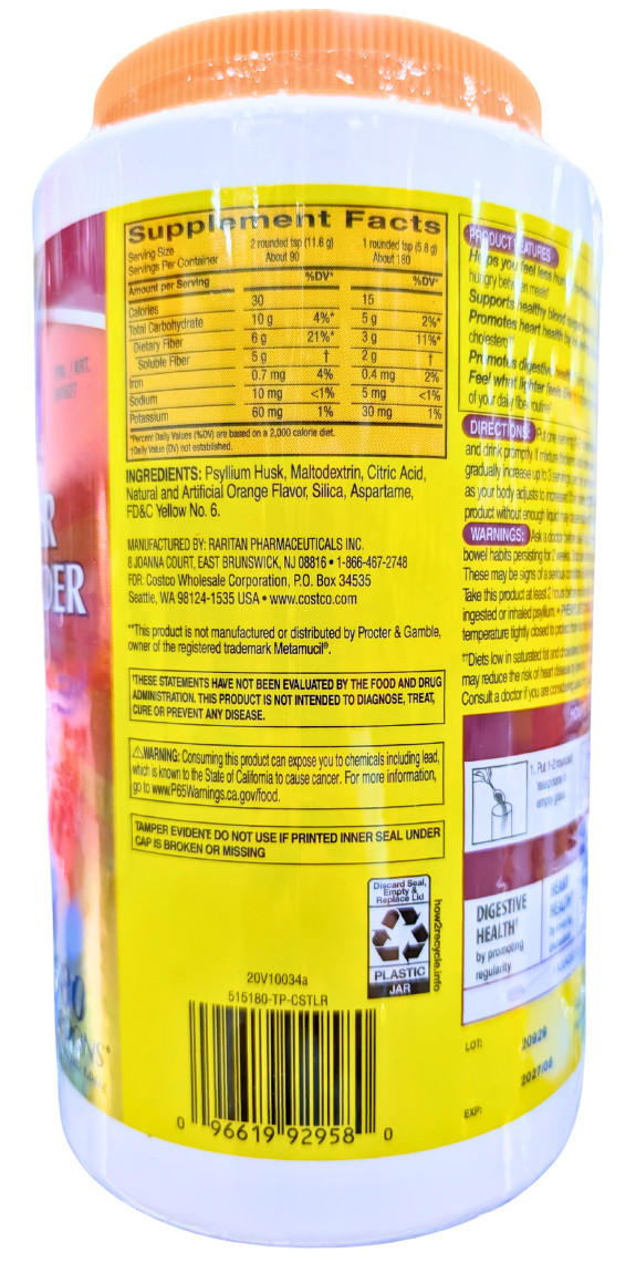 Kirkland Signature Psyllium Fiber Sugar Free Powder Orange 2×180 Dose EXP 05/27