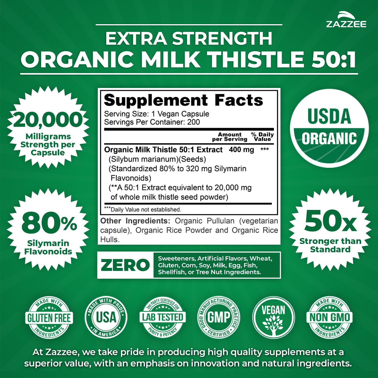 Zazzee Organic Milk Thistle Extract 20,000 mg Strength, 200 Vegan Capsules