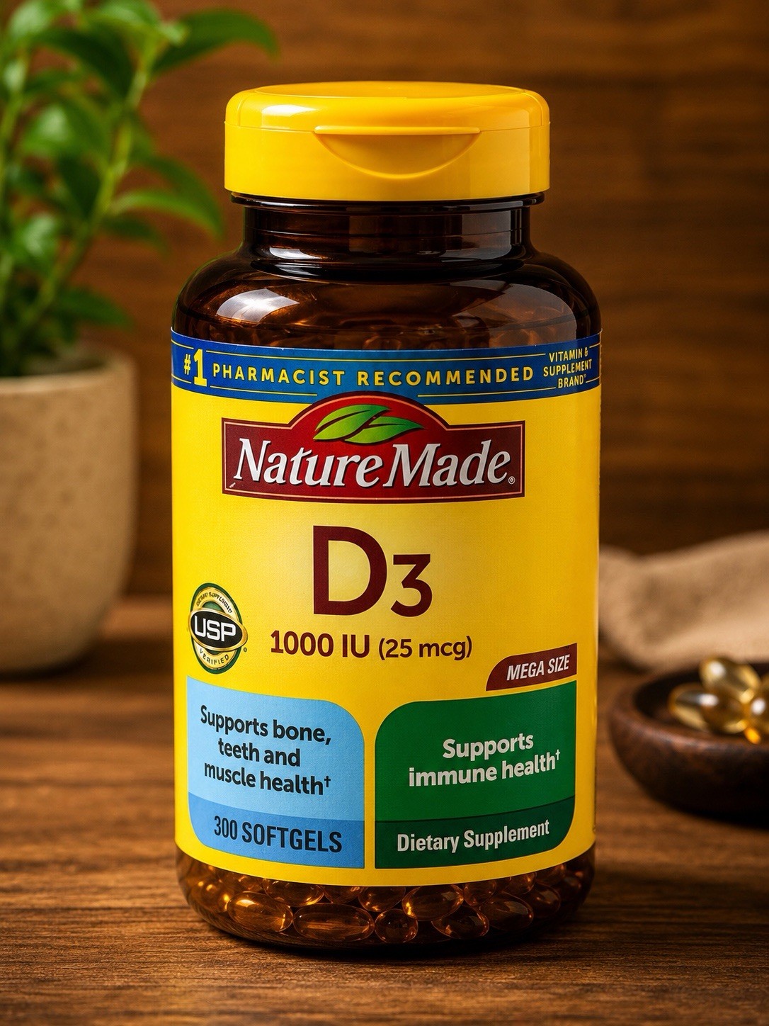 Nature Made Vitamin D3 1000 IU 25 mcg 300 Softgels Bone & Immune Support 02/28