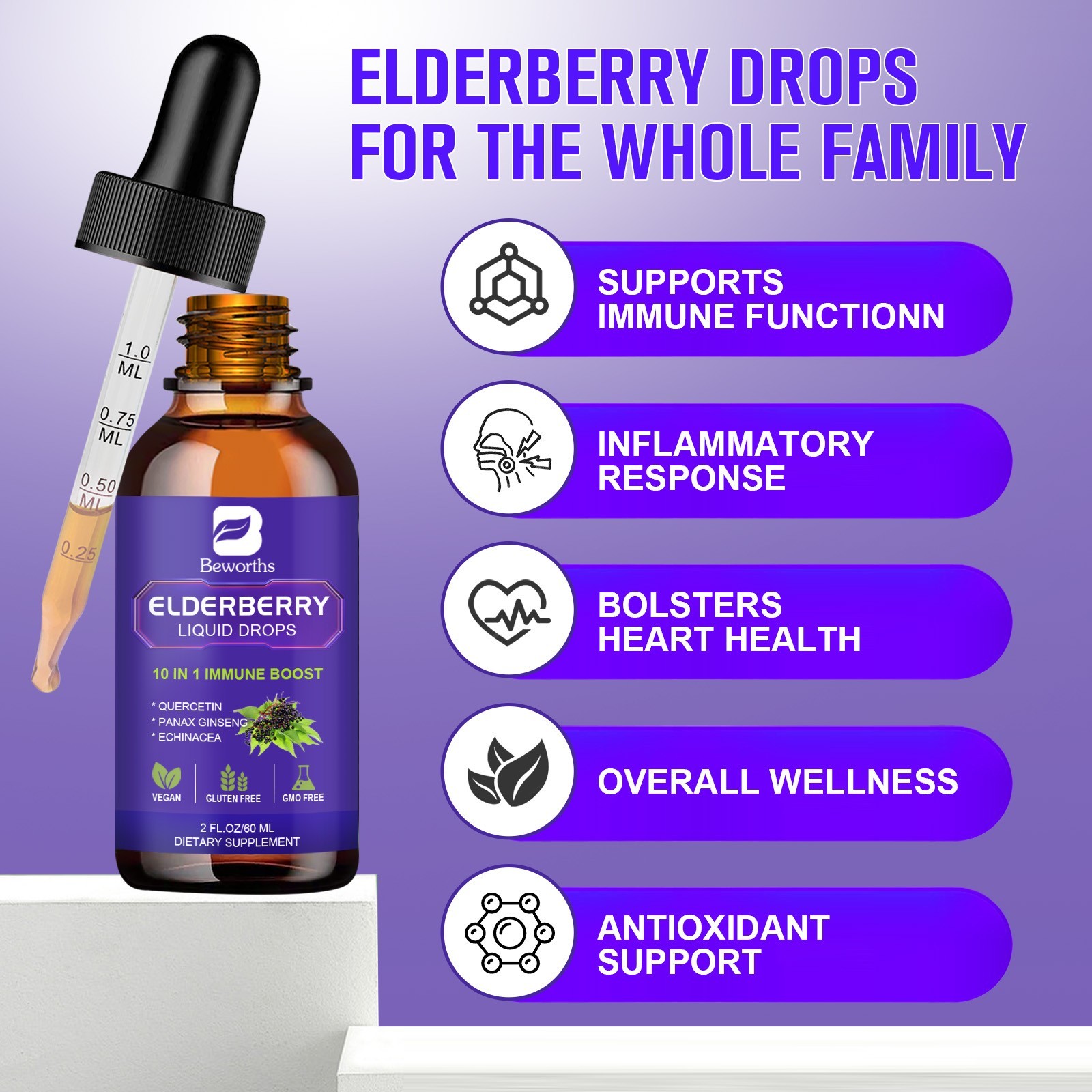 1/3X Black Elderberry Liquid Extract Drops with Vitamins C & D3 and Zinc 60ML