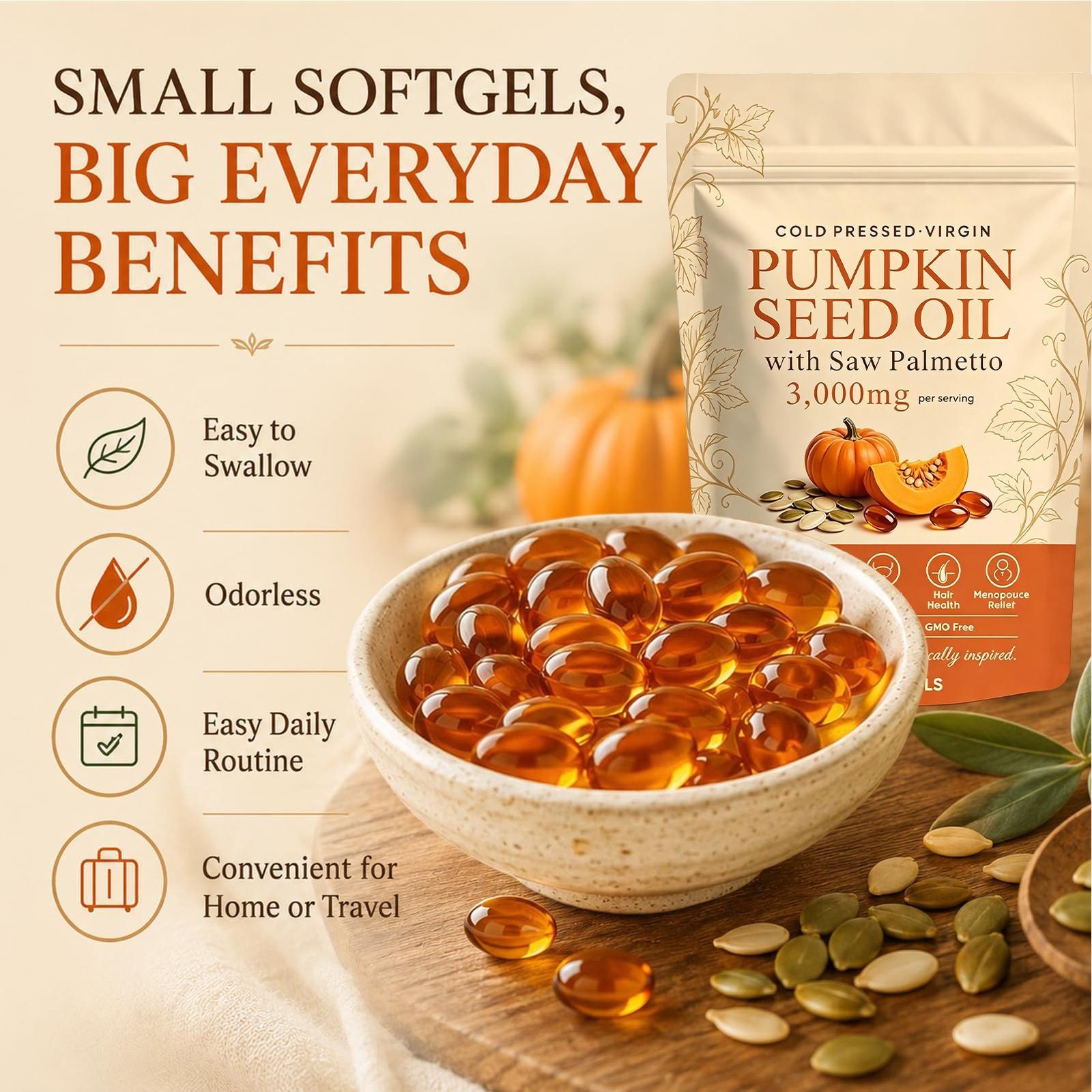 Everly Pumpkin Seed Oil with Saw Palmetto, 300 Softgels, Cold Pressed Pumpkin