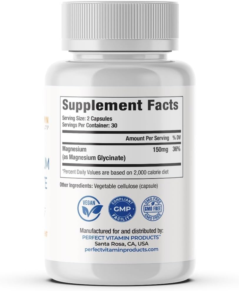 High Absorption Bioavailable Magnesium Glycinate 150mg 60 Capsules Sleep Support