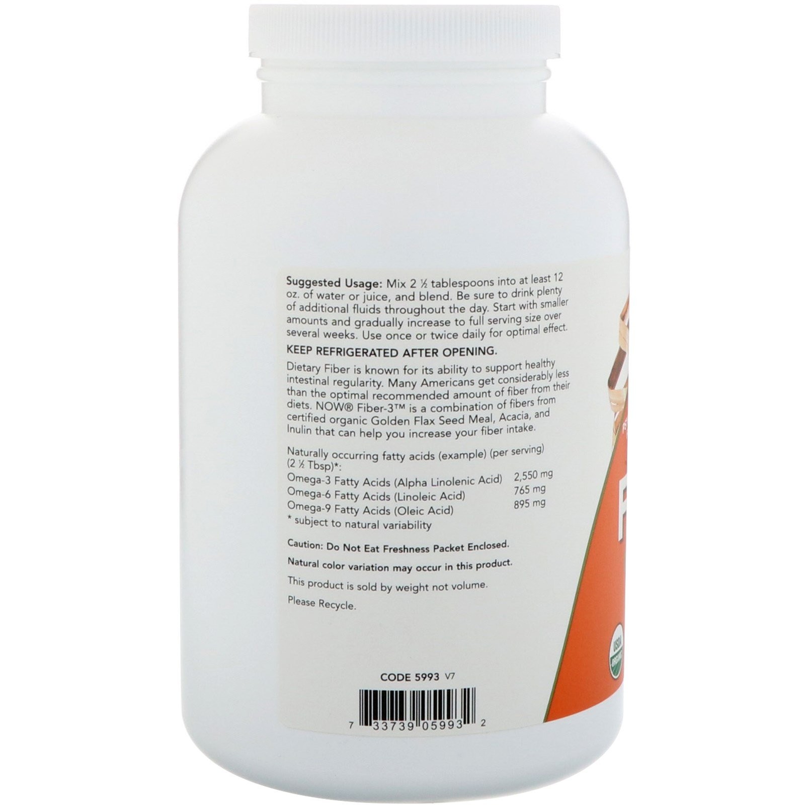 Now Foods Certified Organic Fiber-3 Powder 16 oz 454 g GMP Quality Assured,