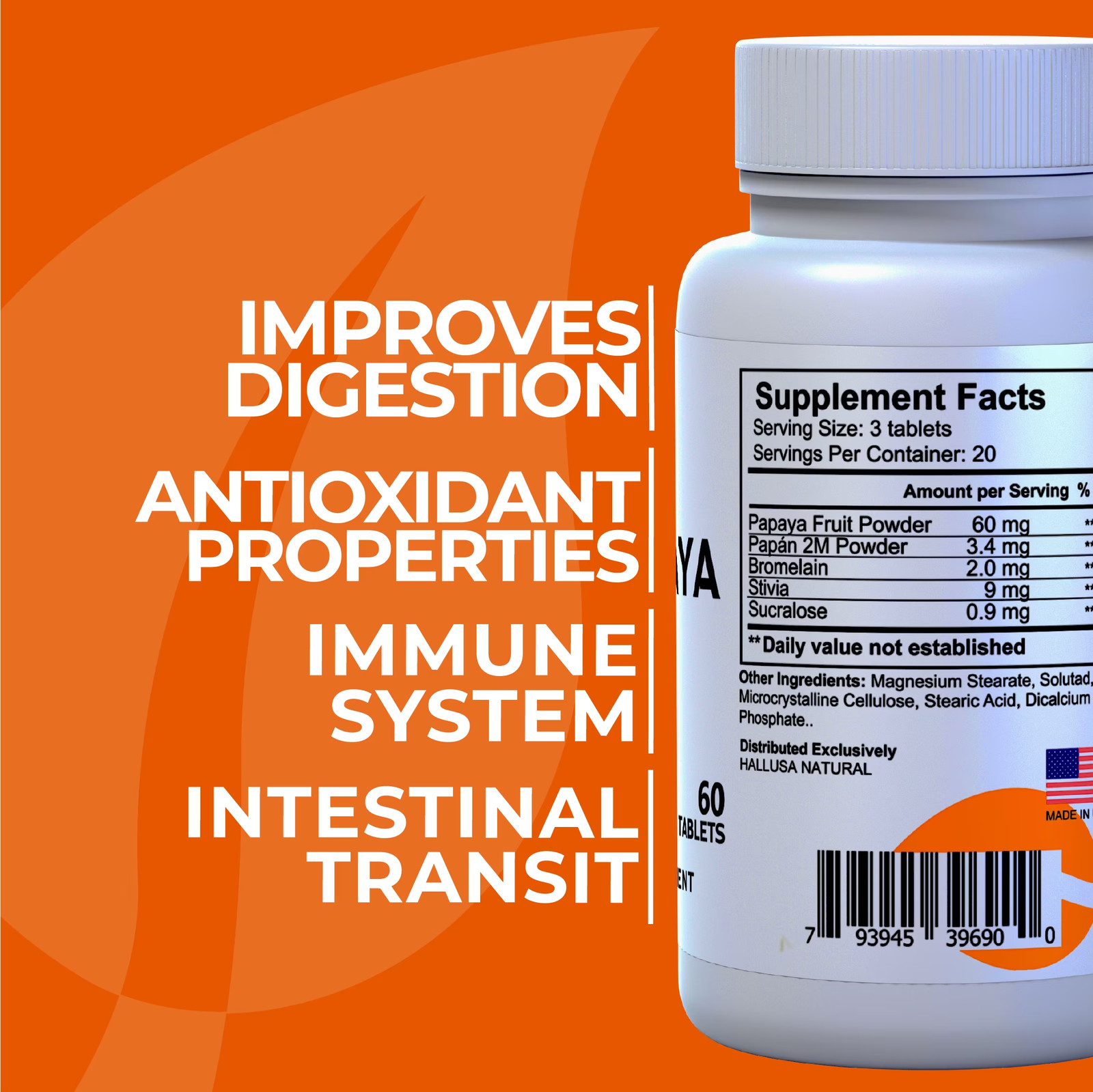 HALLUSA Papaya Enzyme Digestive Support with Probiotics – 60 Tablets