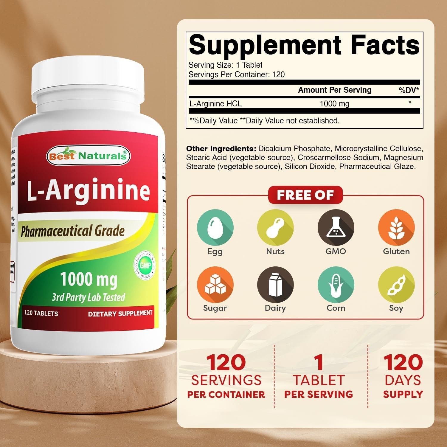 Best Naturals L-Arginine 1000 mg 120 Tablets Nitric Oxide Booster Pharma Grade