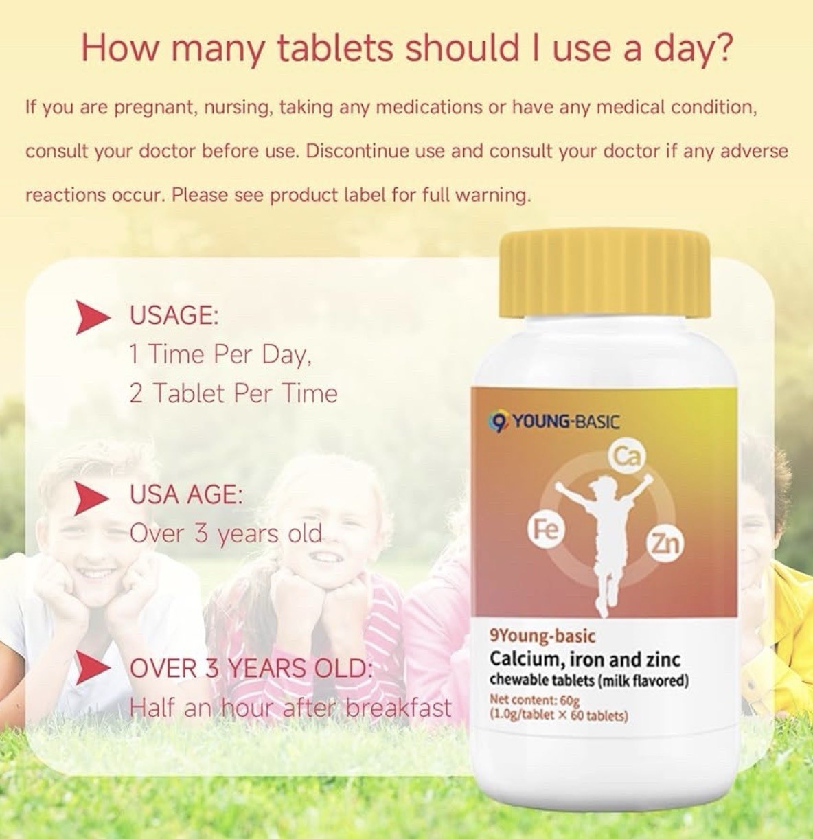 9 Young-Basic Calcium Citrate Chewable Tablets for Kids,Milk Flavor 60 tablets