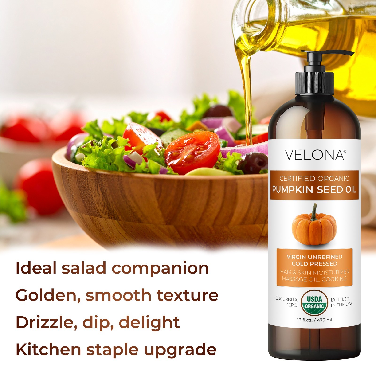 Velona Pumpkin Seed Oil USDA Certified Organic – 16 oz Unrefined Cold Pressed