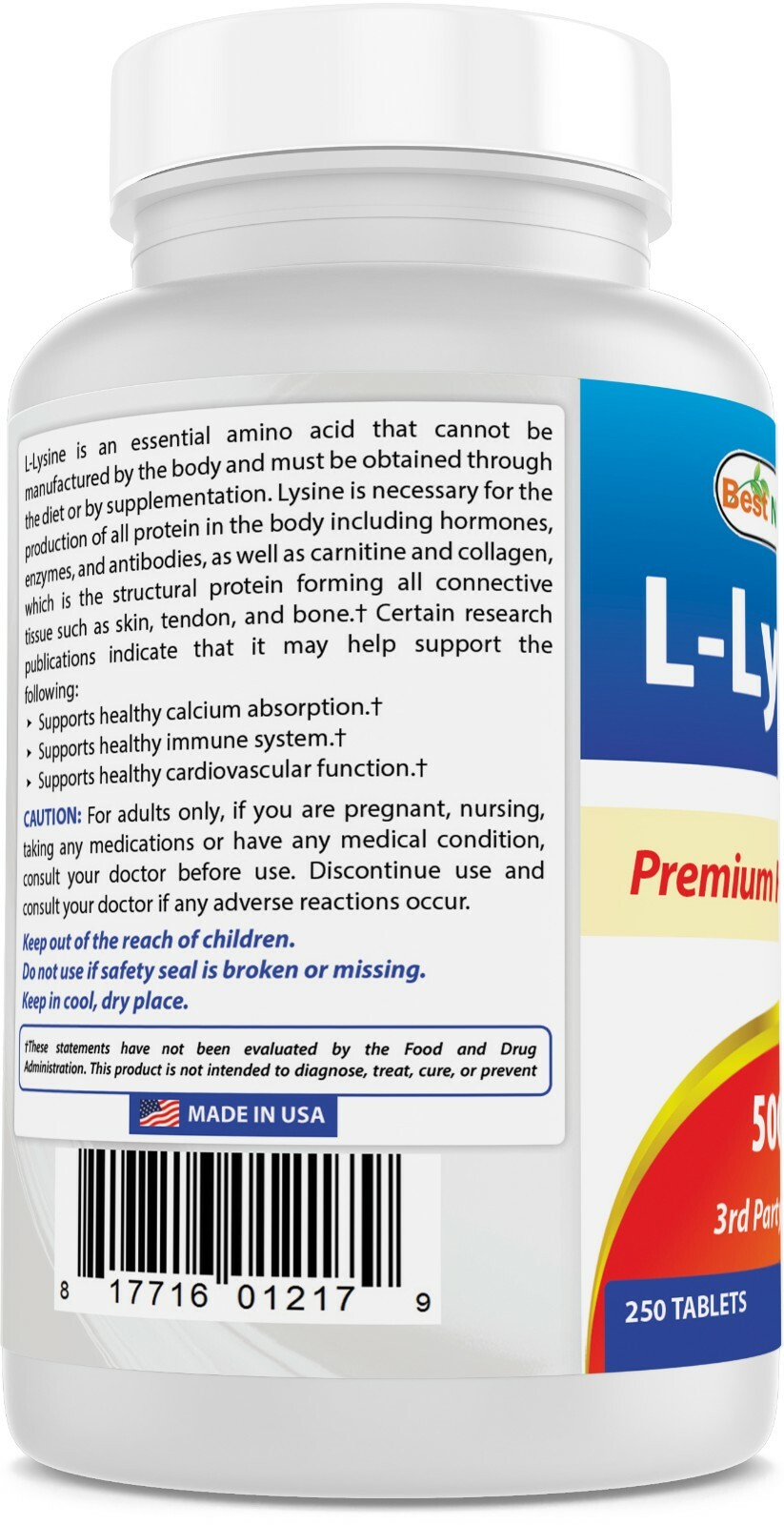 2 Pack Best Naturals L-Lysine 500 mg 250 Tablets