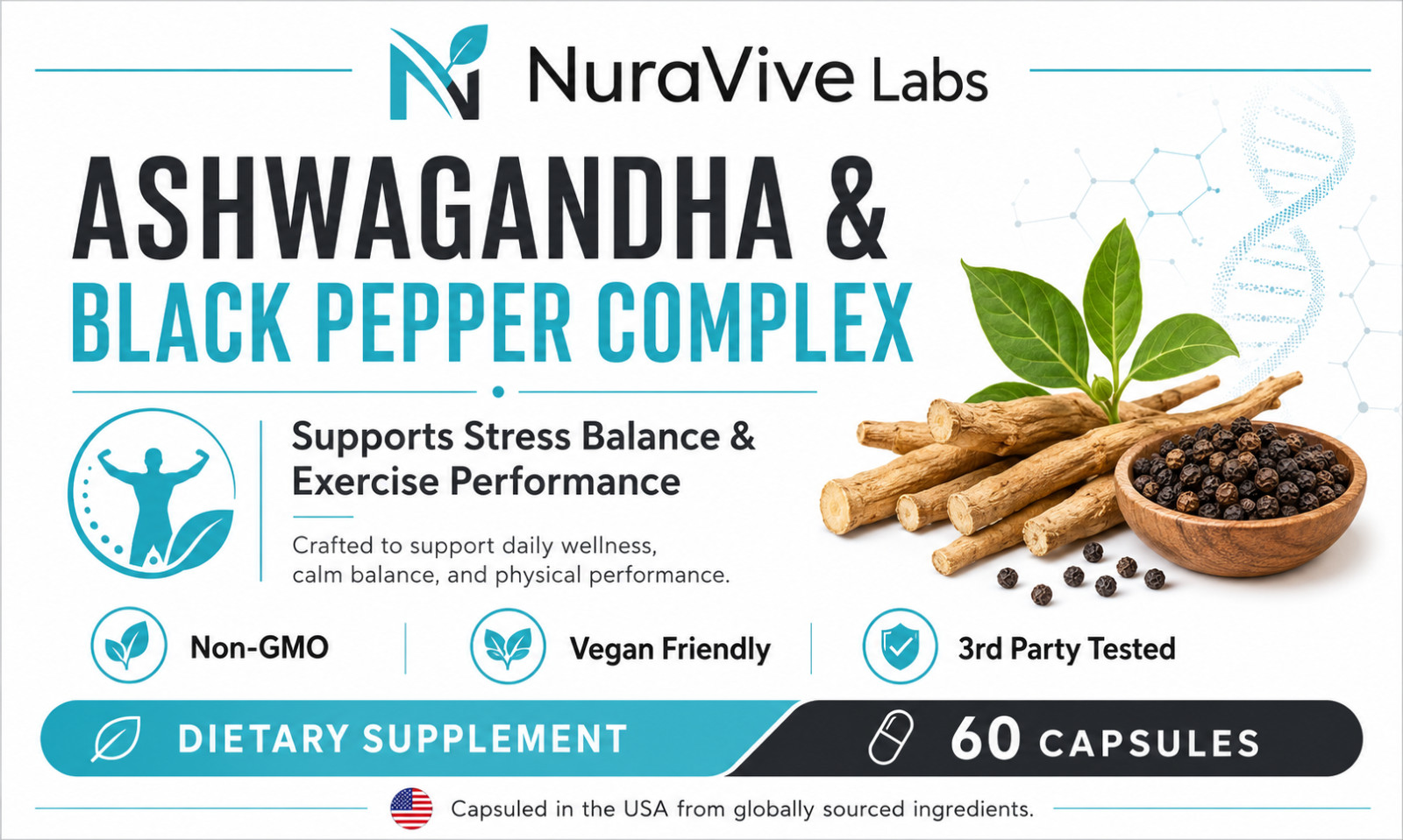 Ashwagandha Black Pepper Complex 60 Capsules Stress Support Vegan Non-GMO