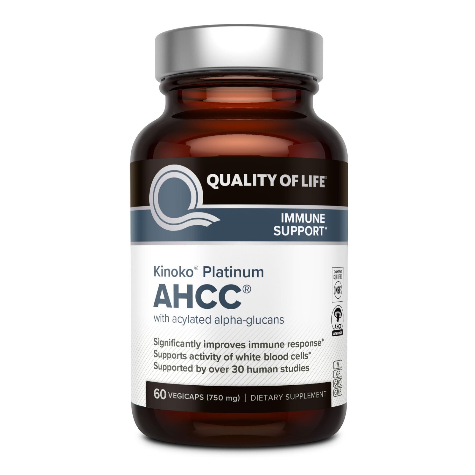 Quality of Life Premium Kinoko Platinum AHCC 60 Count (Pack 1), Brown