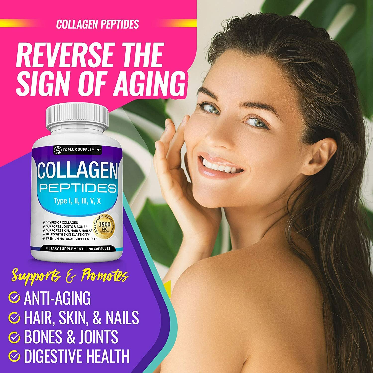 Premium Collagen Peptides 1500 MG Hydrolyzed Anti-Aging (Types I,II,III,V,X)