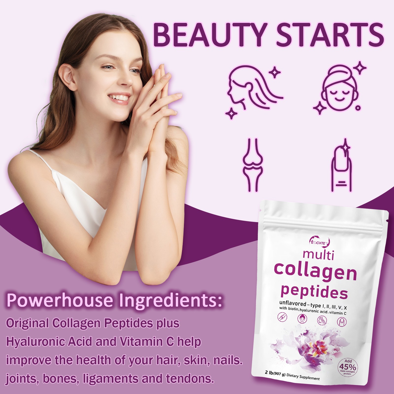 1 lb Multi Collagen Peptides Powder Hydrolyzed Protein Peptide Type I,II,III,V,X