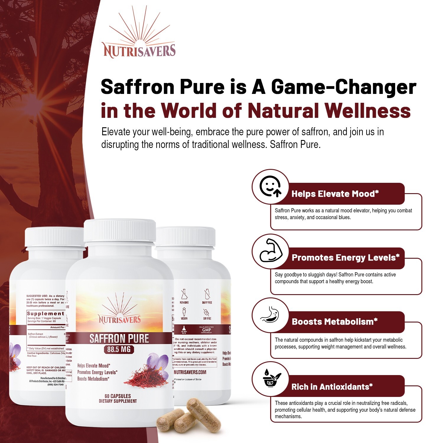 Saffron Extract 88.5mg, Help Improve Sleep Habits Non-GMO & Gluten Free, 60 Caps
