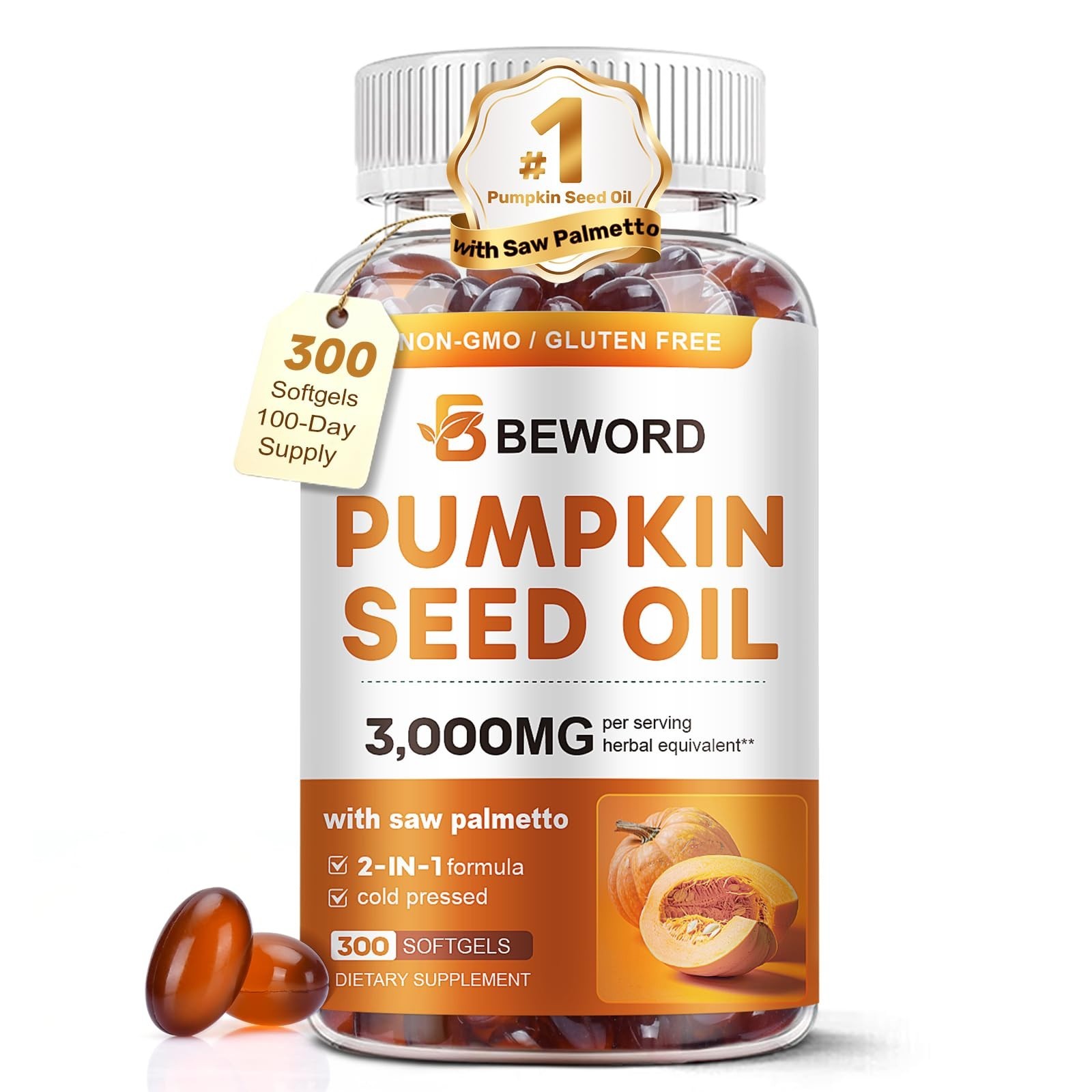 Pumpkin Seed Oil & Saw Palmetto Softgels 3000mg, 300 Count | Cold-Pressed, Non-G