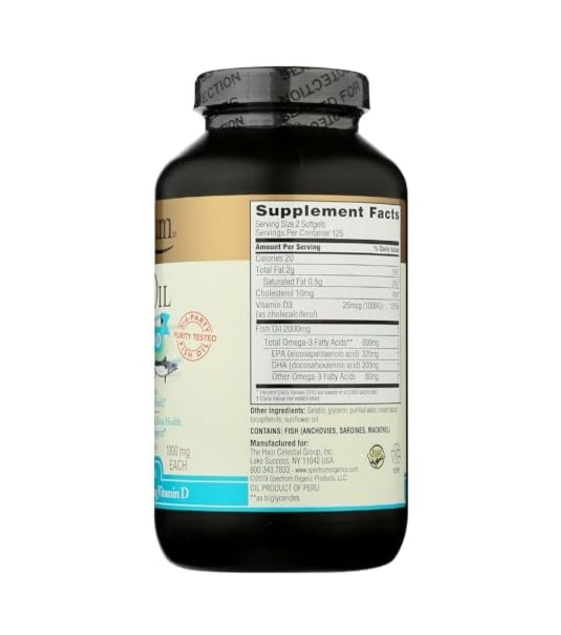 Spectrum Fish Oil + Vitamin D3 250 Softgels Purity Tested Neutral Flavor