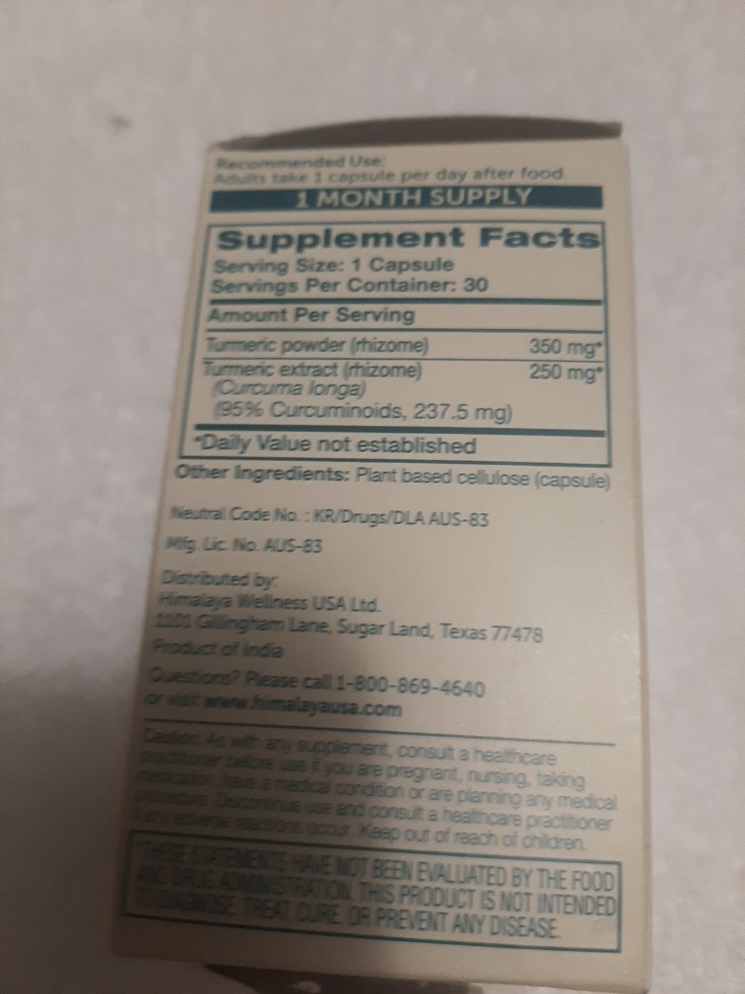 Himalaya Turmeric 95 Supplement with Curcumin/Curcuminoids 30 Caps