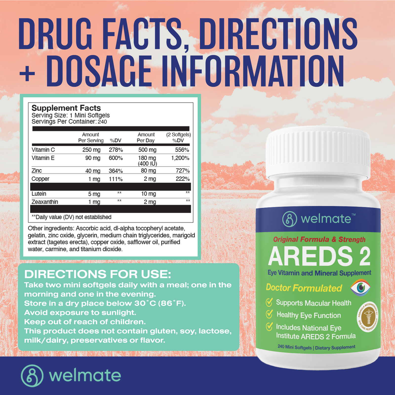 WELMATE AREDS 2 Eye Vitamin & Mineral Supplement, 240 Softgels Exp 6/27