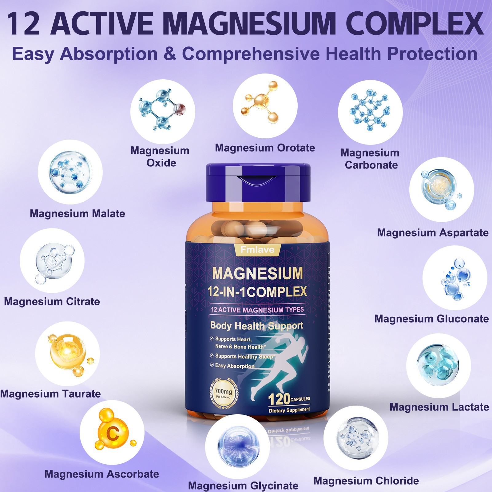 12 in 1 Magnesium Complex Supplement: 700mg of 12-element Magnesium, 120 caps