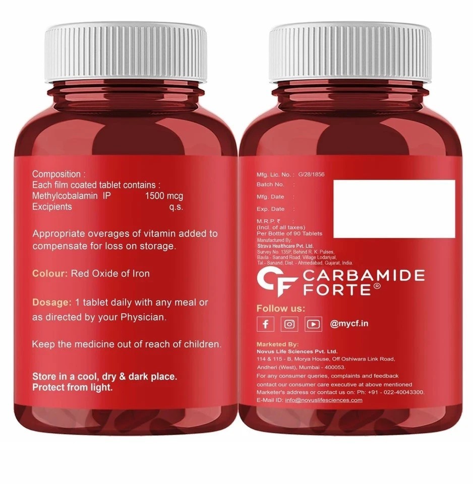 Carbamide Forte Methylcobalamin B12 1500mcg 90 Veg Tablets for Vitality j157