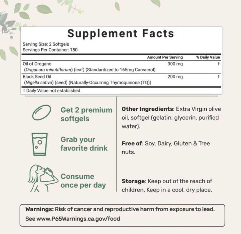 Oil of Oregano Softgels, 6000mg, 180ct, Black Seed Oil