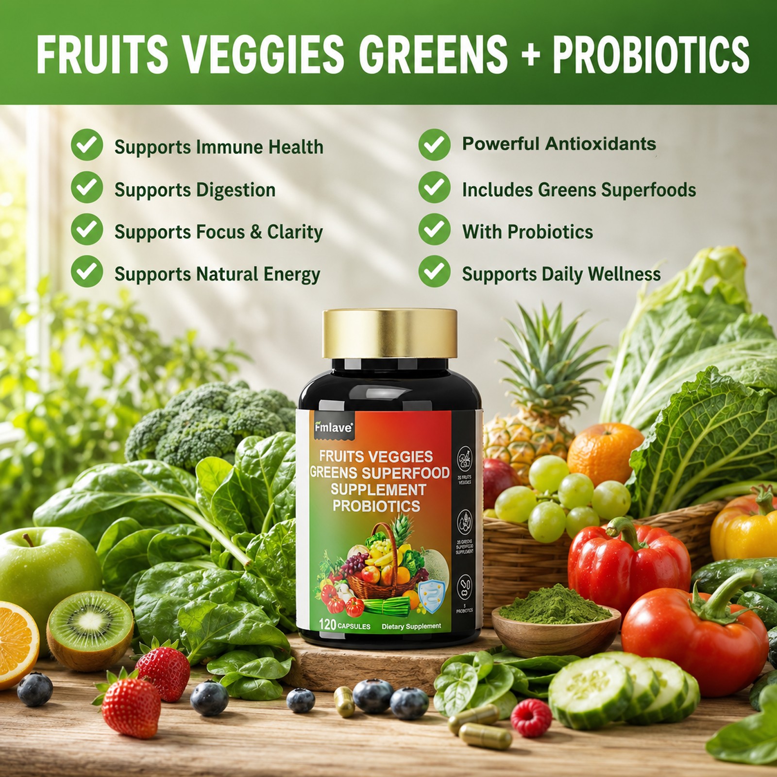 4pc 70 Fruits and Veggies Whole Food Supplement, Superfood & 5 Probiotic Strains