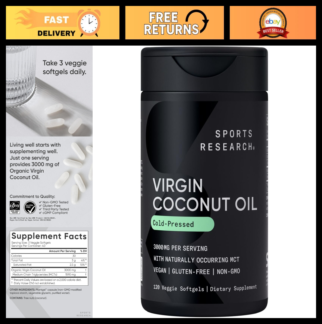Organic Coconut Oil 3000mg Softgels | Cold-Pressed MCTs for Brain & Body Fuel |