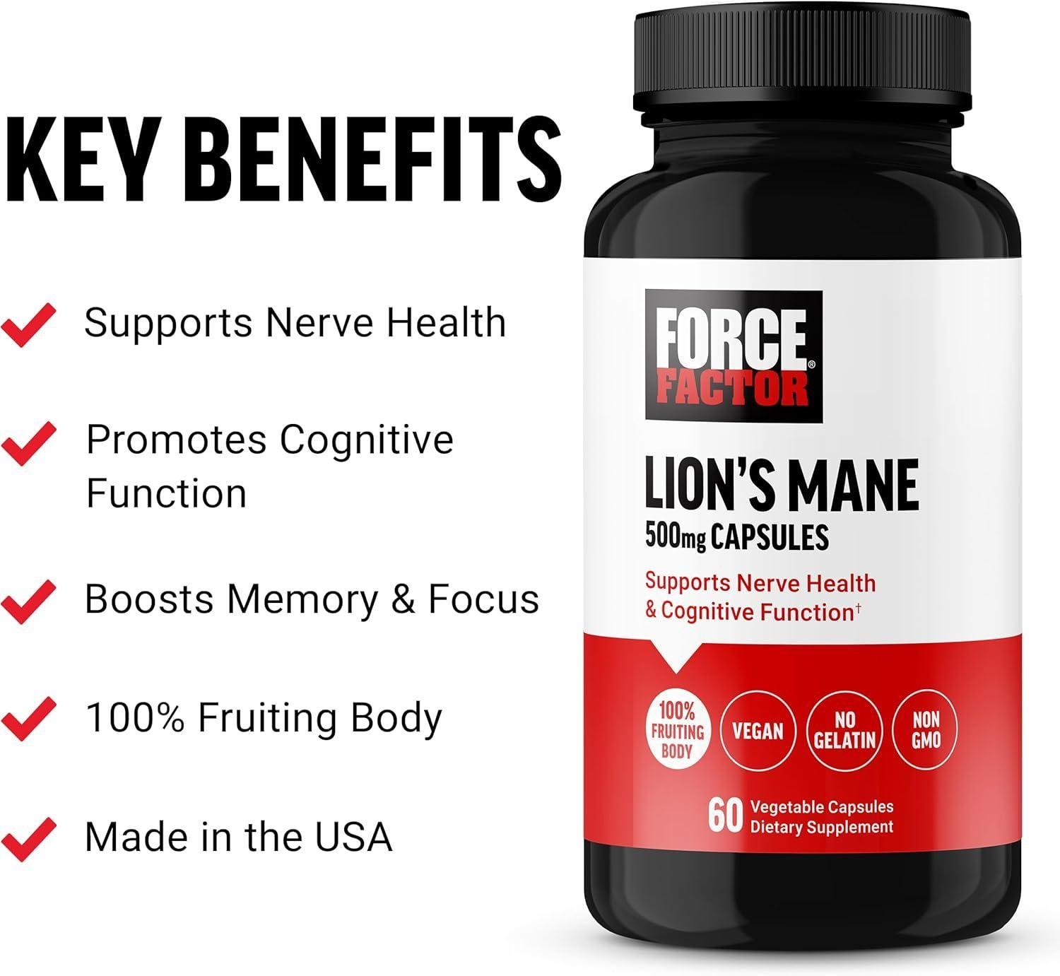 Force Factor Lion S Mane Supplement Capsules, Memory and Focus Supplement, Nerve