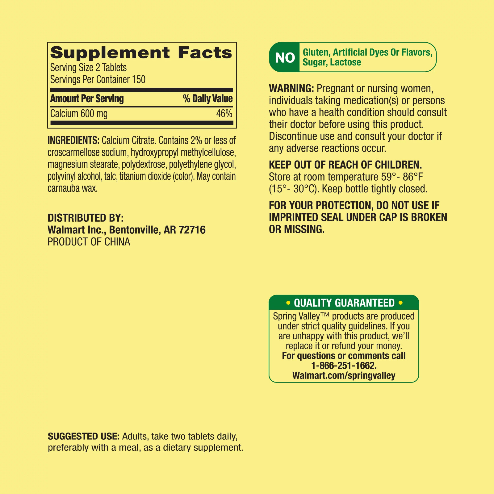 Spring Valley Calcium Citrate Tablets Dietary Supplement 600 Mg 300 Count