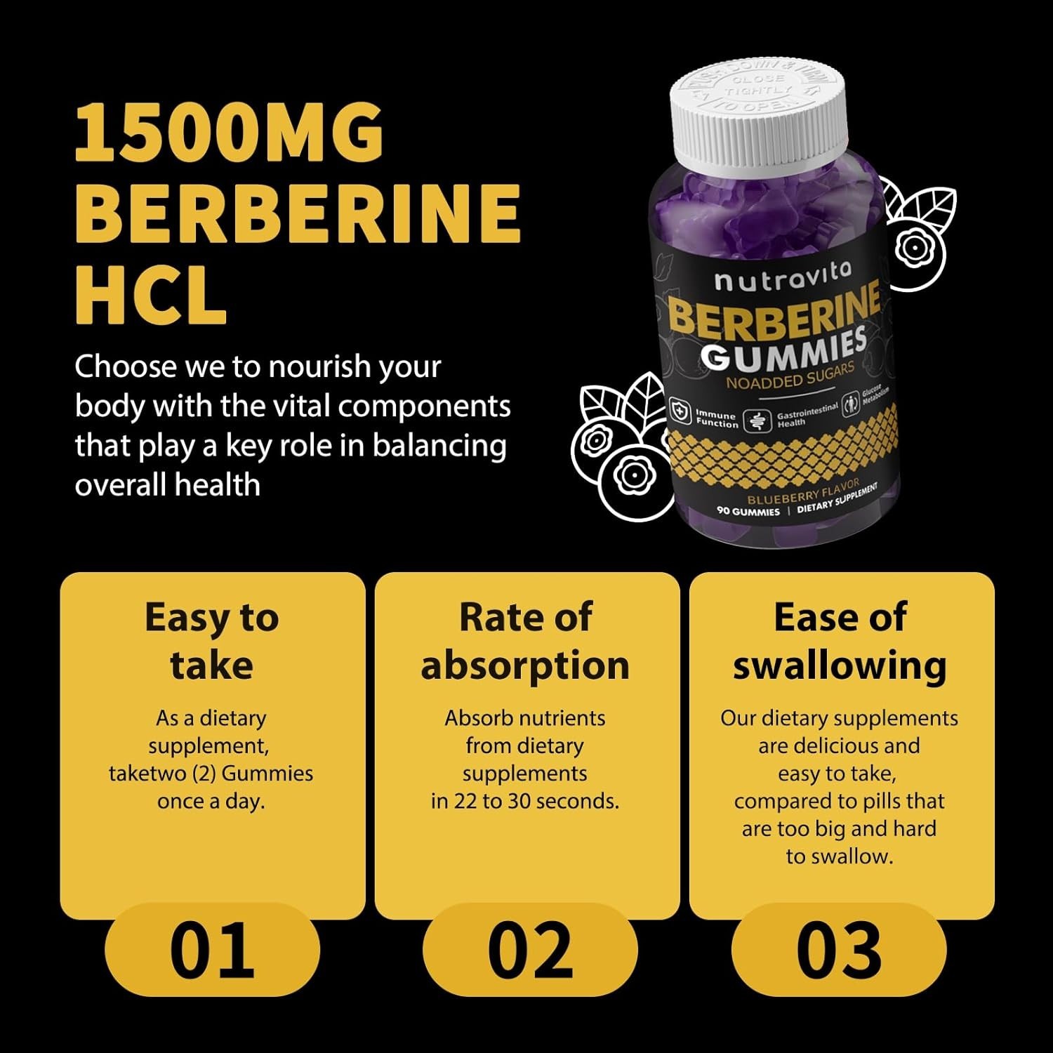 Berberine Gummies with Ceylon Cinnamon 1500mg High Potency Berberine HCL Supp…