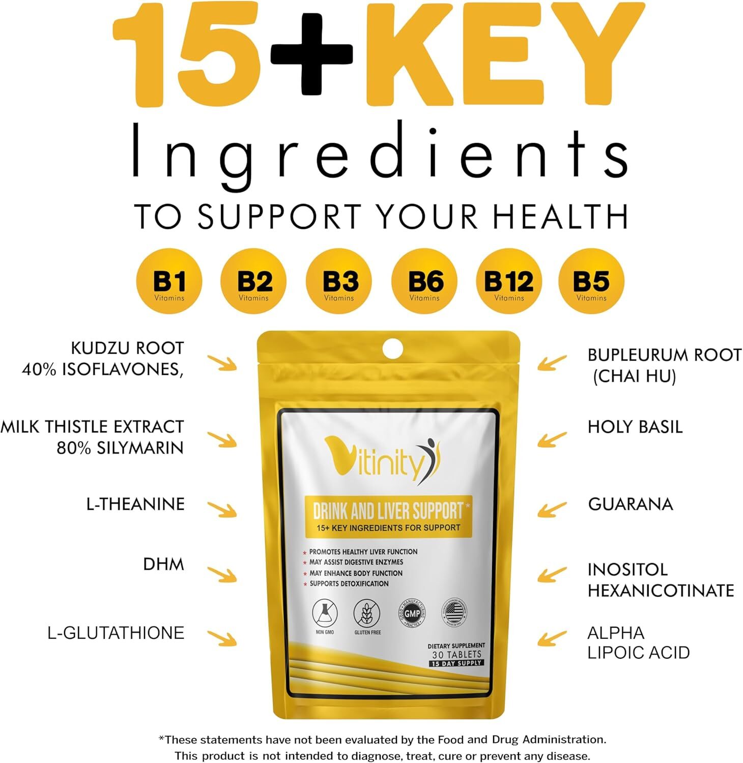 Vitinity Drink & Liver Support – Kudzu, Milk Thistle, DHM & 15+ Herbal Blend Tab
