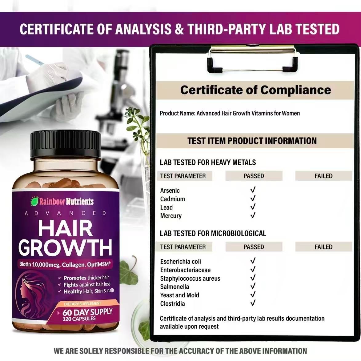 NEW Rainbow Nutrients Premium Hair Growth Vitamins – Biotin 10,000mcg, Collagen
