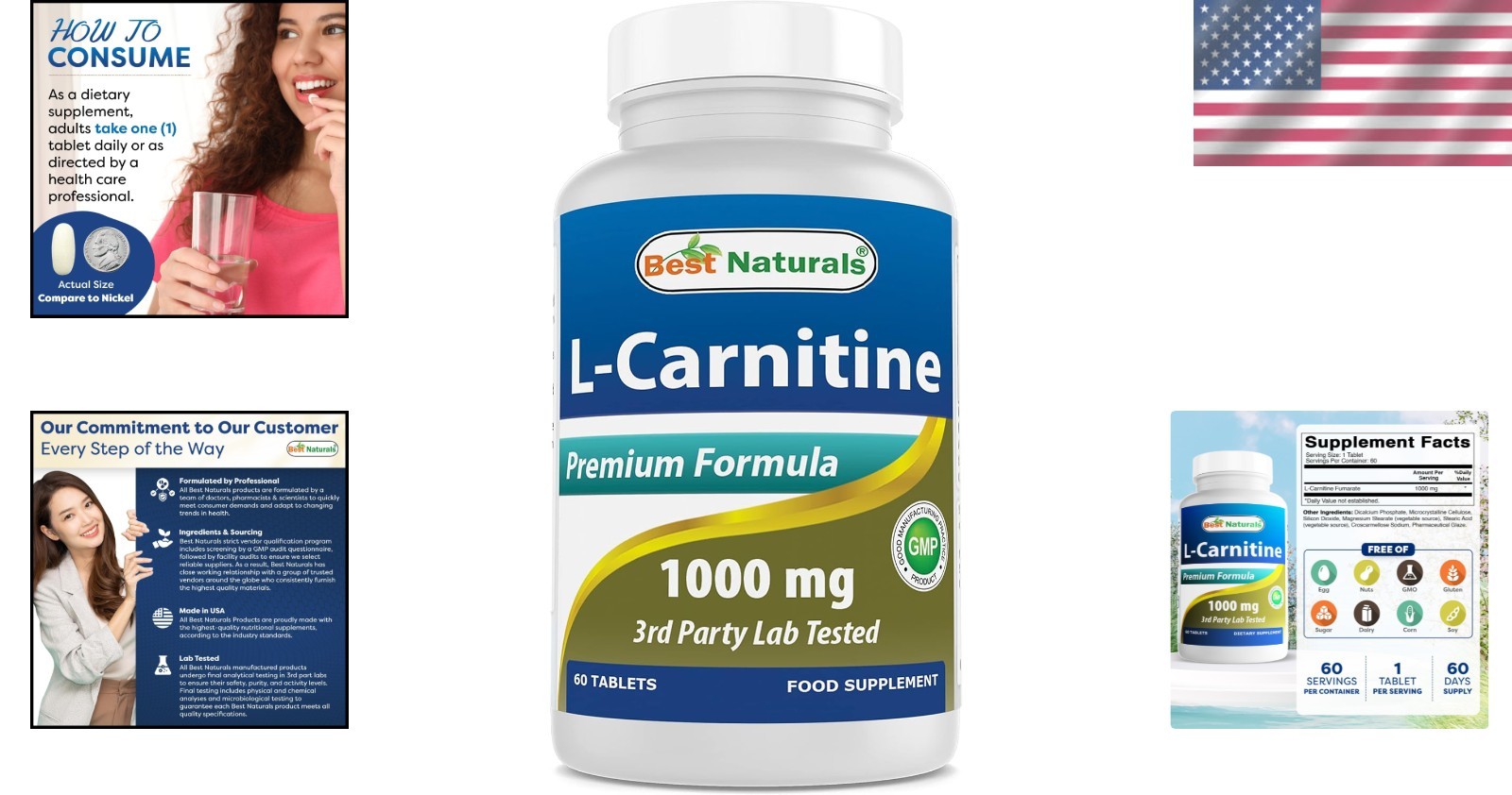60 Count L-Carnitine 1000mg – GMO-Free, Lactose-Free Energy Management Tablets