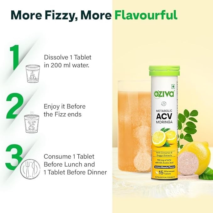 OZiva ACV Moringa Tablets Effervescent Lemon Masala 180 Tablets Free shipping