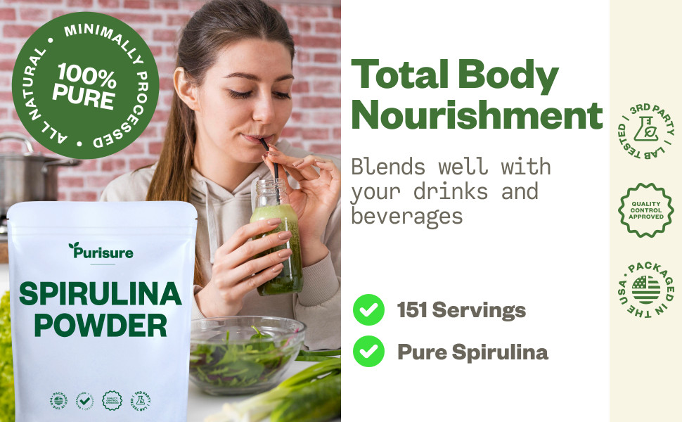 Purisure Spirulina Powder 453g, Pure Spirulina Algae Superfood 151 Servings