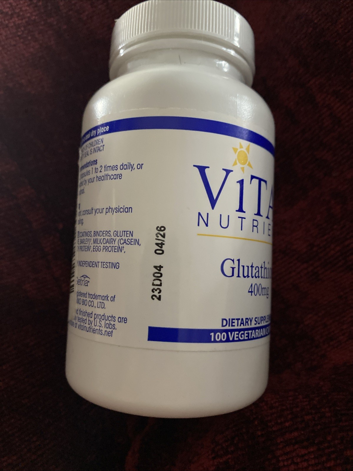 Vital Nutrients Glutathione 400mg 100 Veg Capsules Exp. 04/26