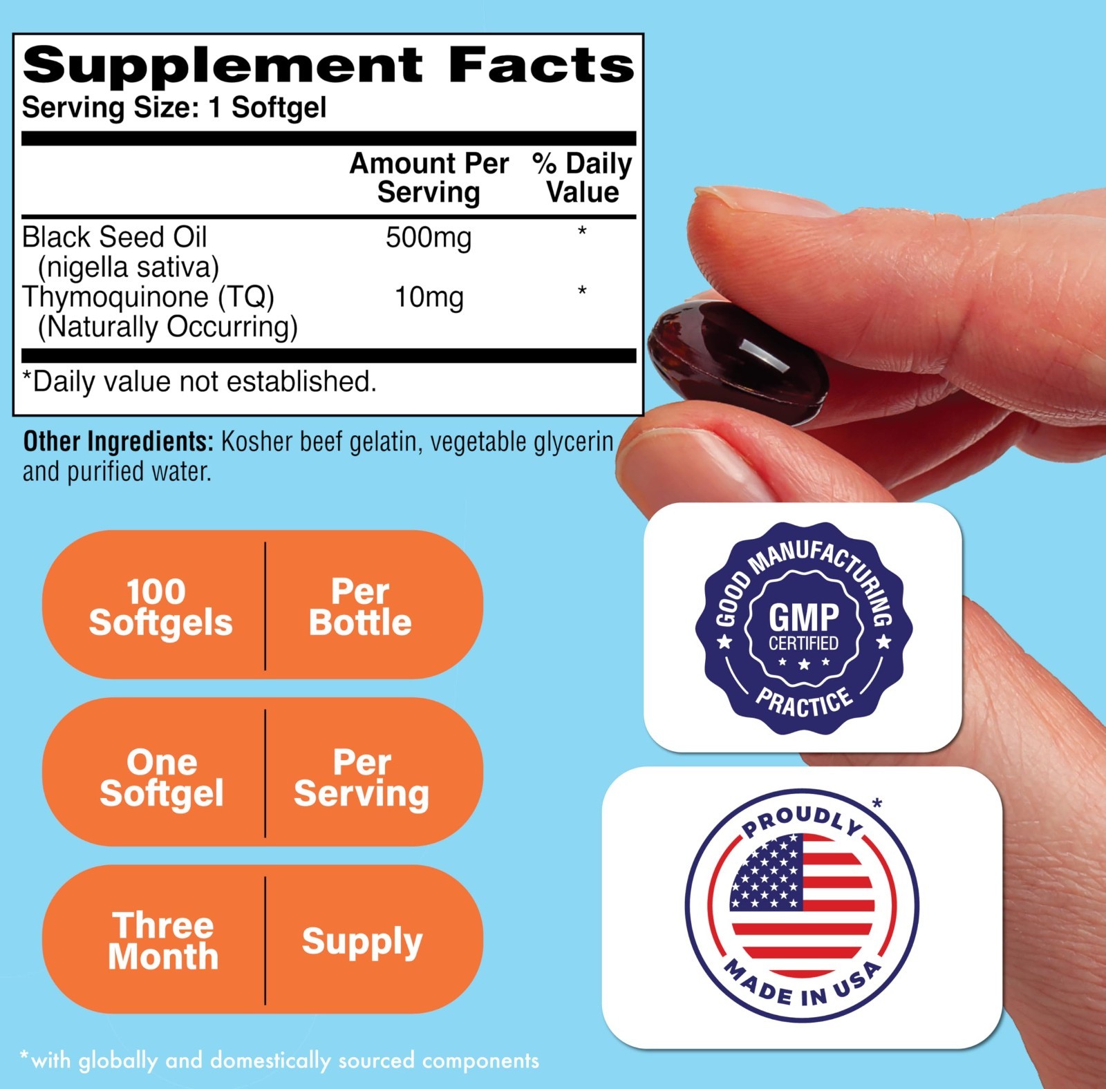 High Potency Black Seed Oil 500mg – 100 Softgels, 2% Thymoquinone, Non-GMO, Glut