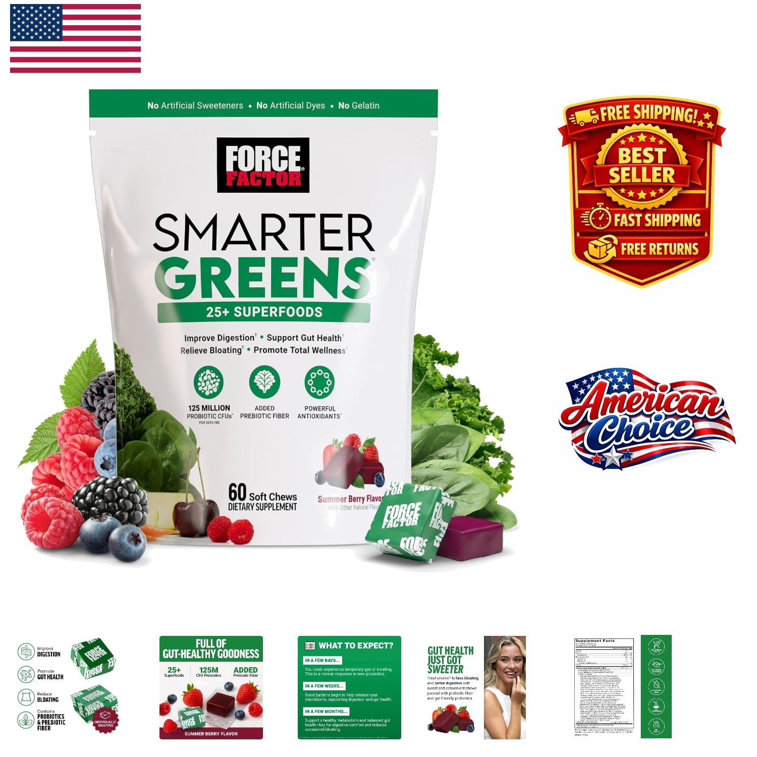 60 Count Summer Berry Soft Chews: Probiotics and Fiber for Digestive Health
