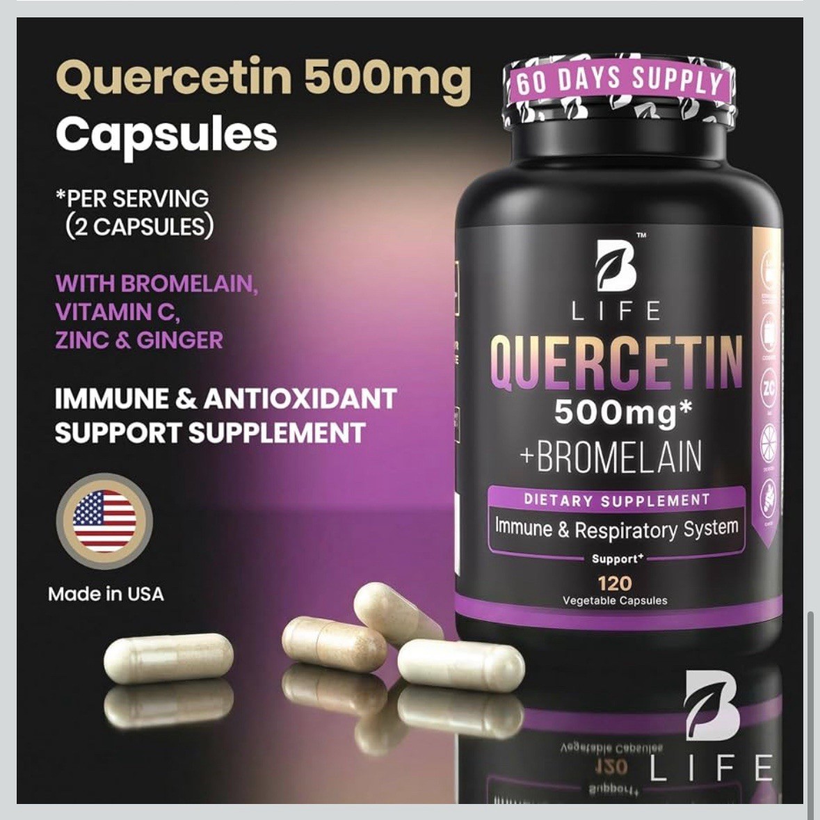 Quercetin 500mg Vitamin C, Zinc & Ginger – Quercetin with Bromelain Supplement