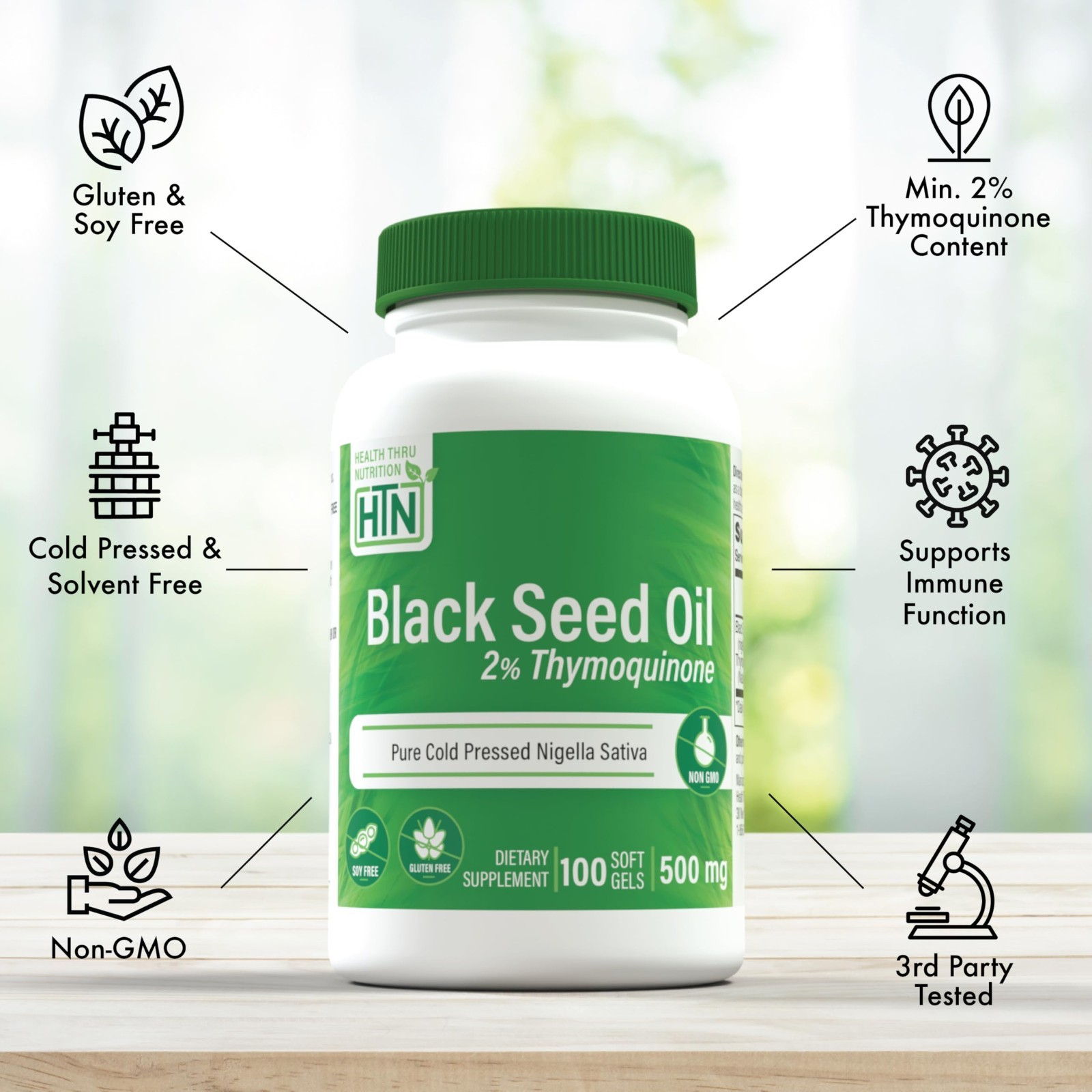 High Potency Black Seed Oil 500mg – 100 Softgels, 2% Thymoquinone, Non-GMO, Glut