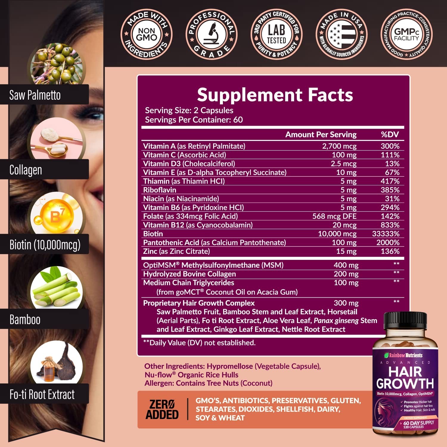 Hair Growth Vitamins for Women | Biotin 10000mcg Collagen Patented OptiMSM? g…