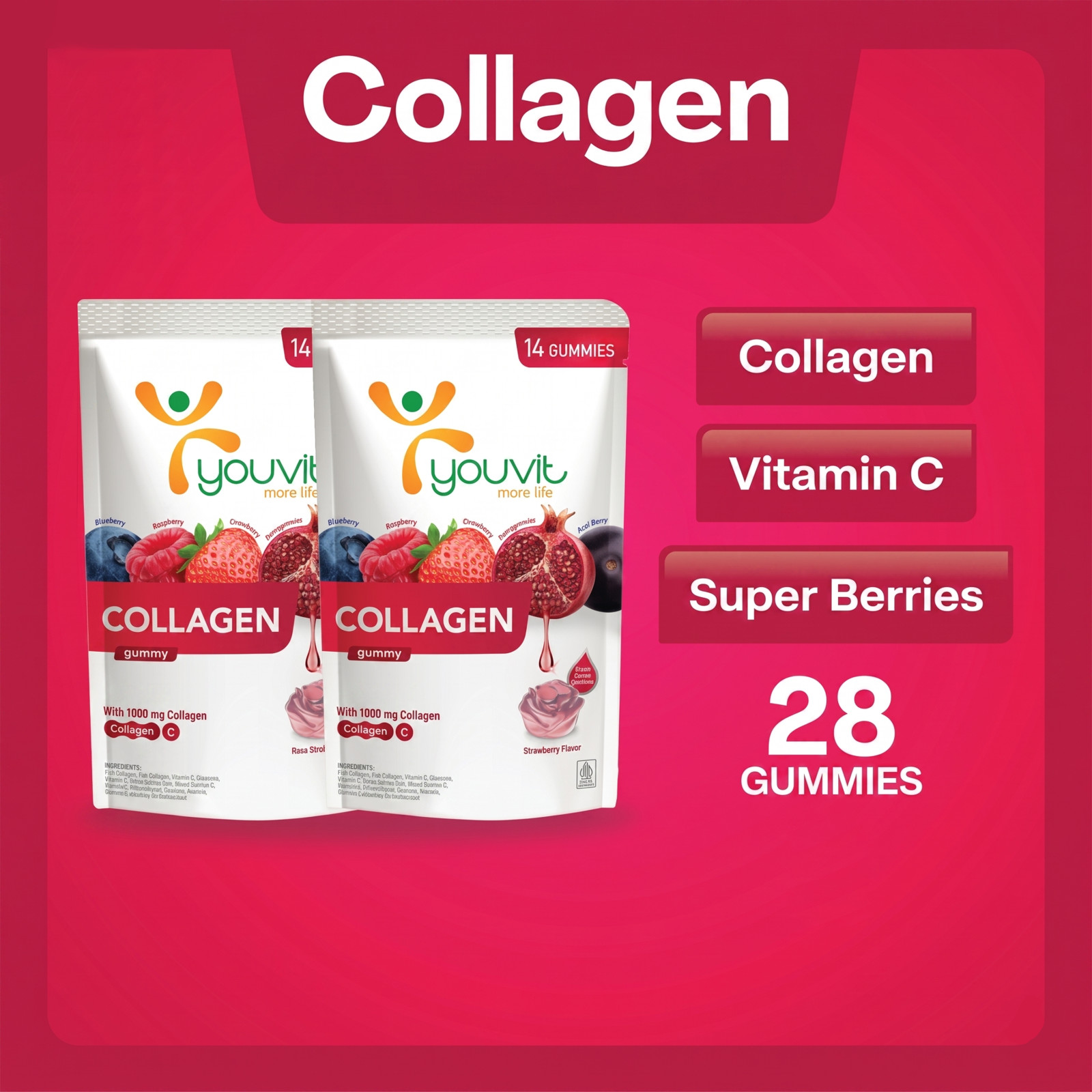 Youvit Collagen Gummies 14 Day Supply 2 Pack Anti Aging for Smooth Firm Skin Pro