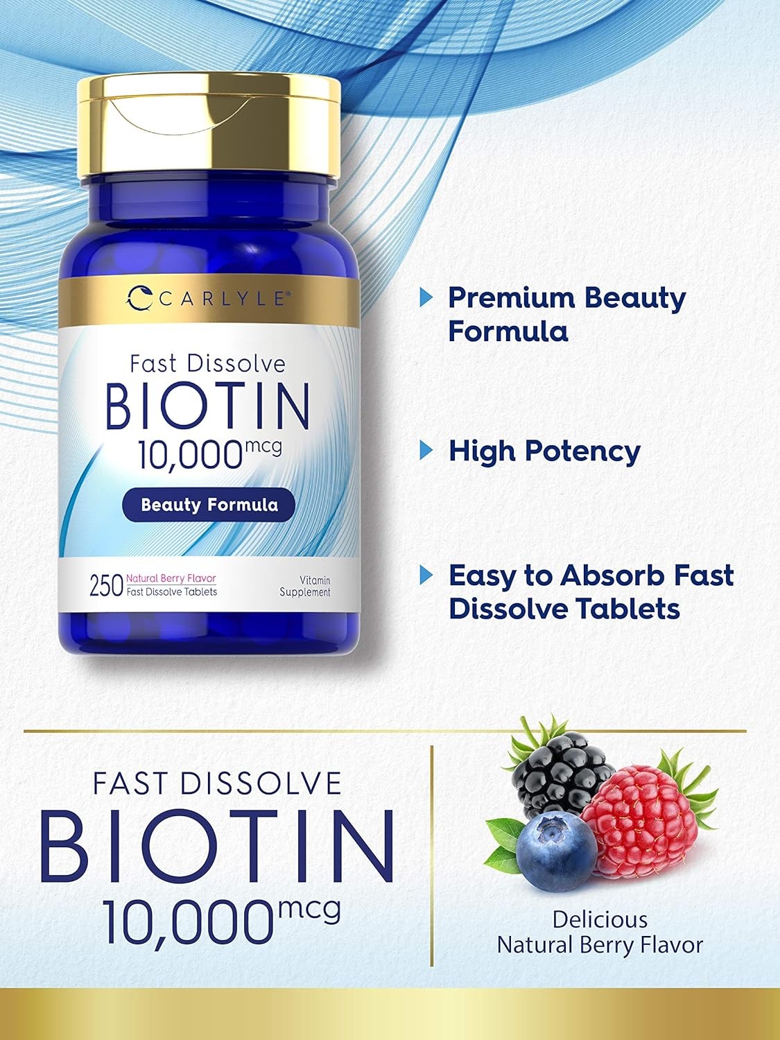 Carlyle Biotin 10000mcg | 250 Fast Dissolve Tablets | 250 Count (Pack of 1)