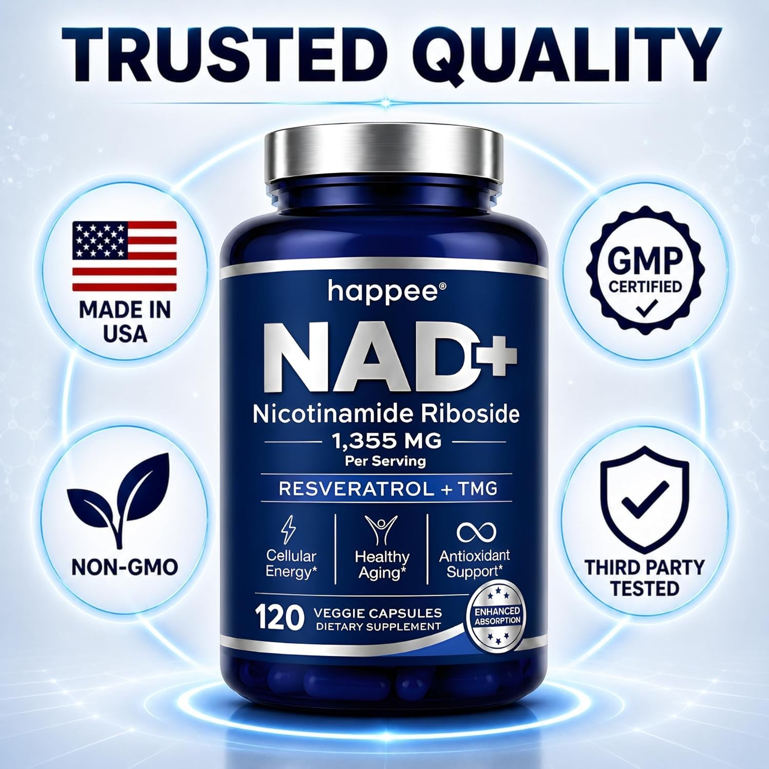NAD+ Nicotinamide Riboside NR Resveratrol & TMG Anti-Aging Support Supplement