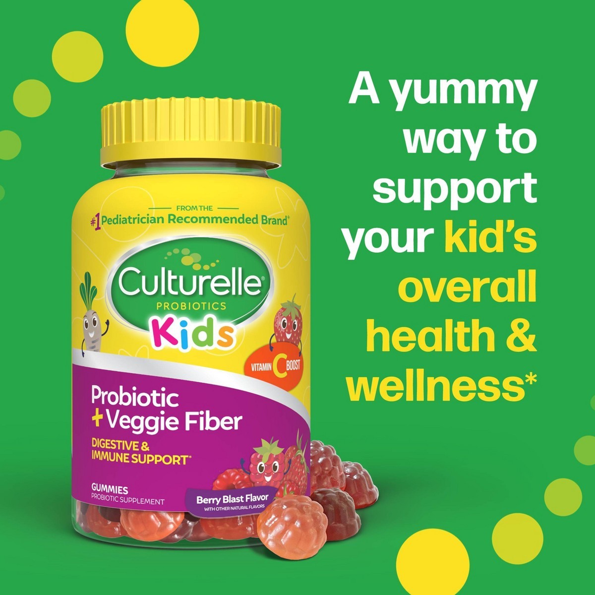 Culturelle Kids Probiotic + Gluten Free Veggie Fiber Gummies – Berry – 30ct