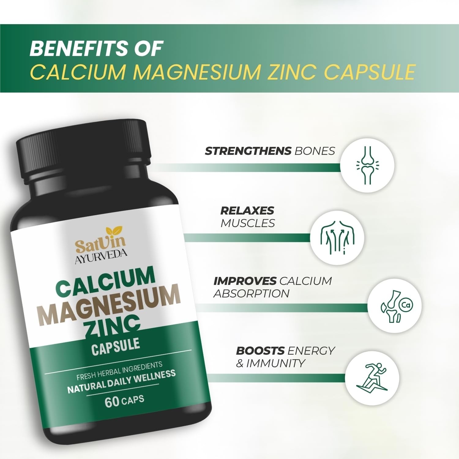 SATV.IN Ayurveda Calcium Magnesium Zinc 60 Veg Capsules