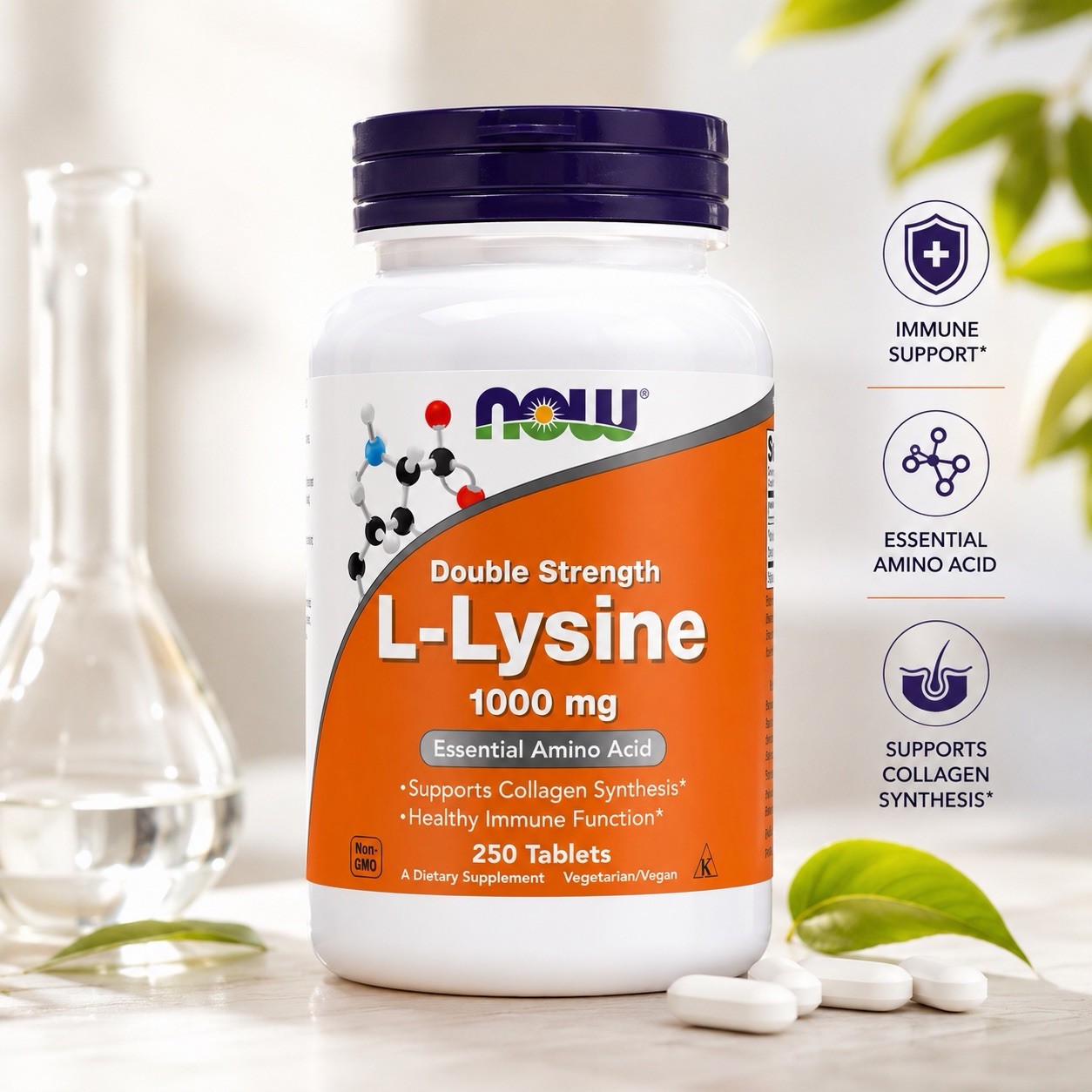 NOW L-Lysine 1000 mg Double Strength 250 Tablets – Vegan Non-GMO