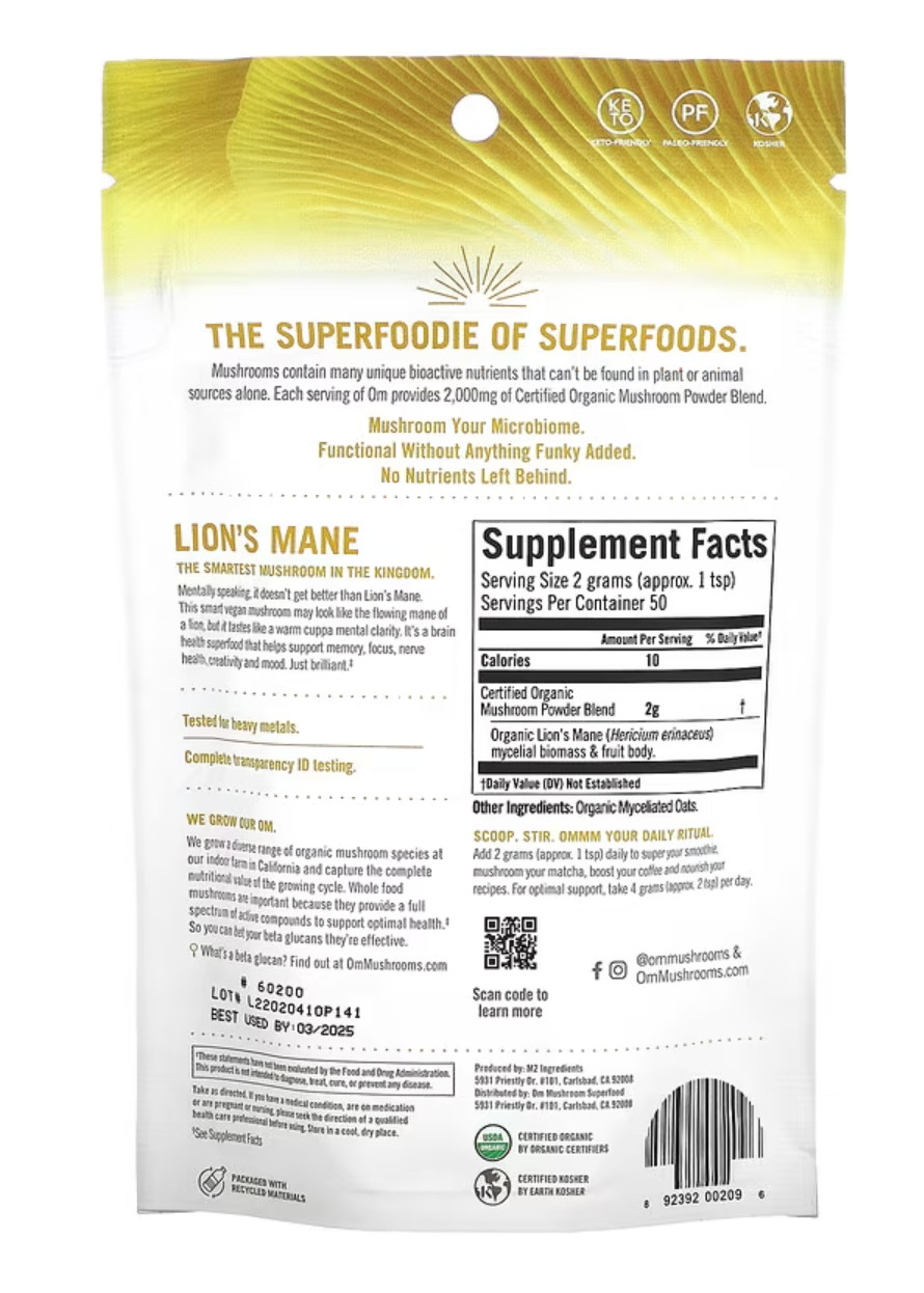 Organic Mushroom Nutrition Lion’s Mane – Certified Organic Mushroom Powder 10/25