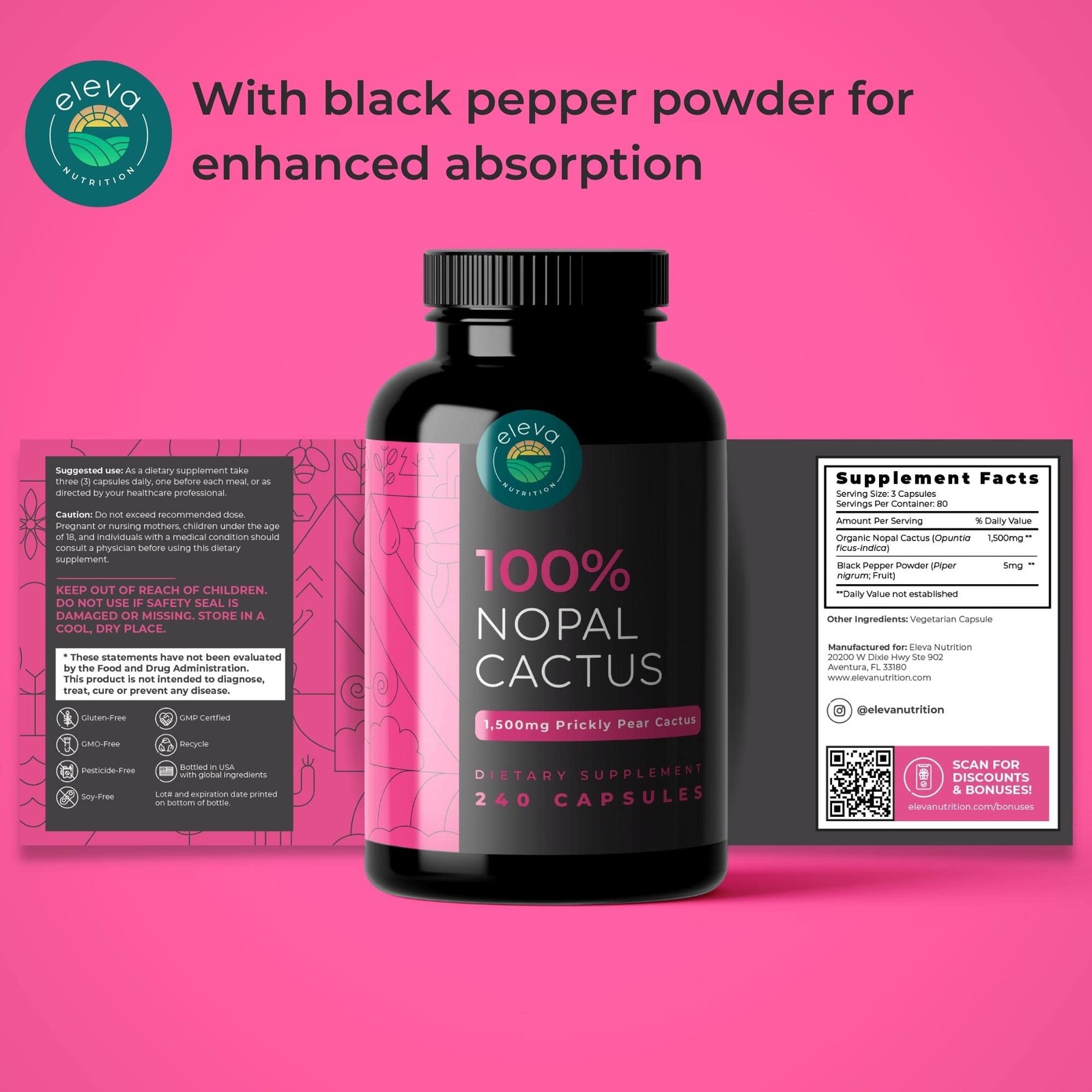 Nopal Cactus Capsules 1500mg- Organic Sun-Dried Prickly 240 Count (Pack of 1)